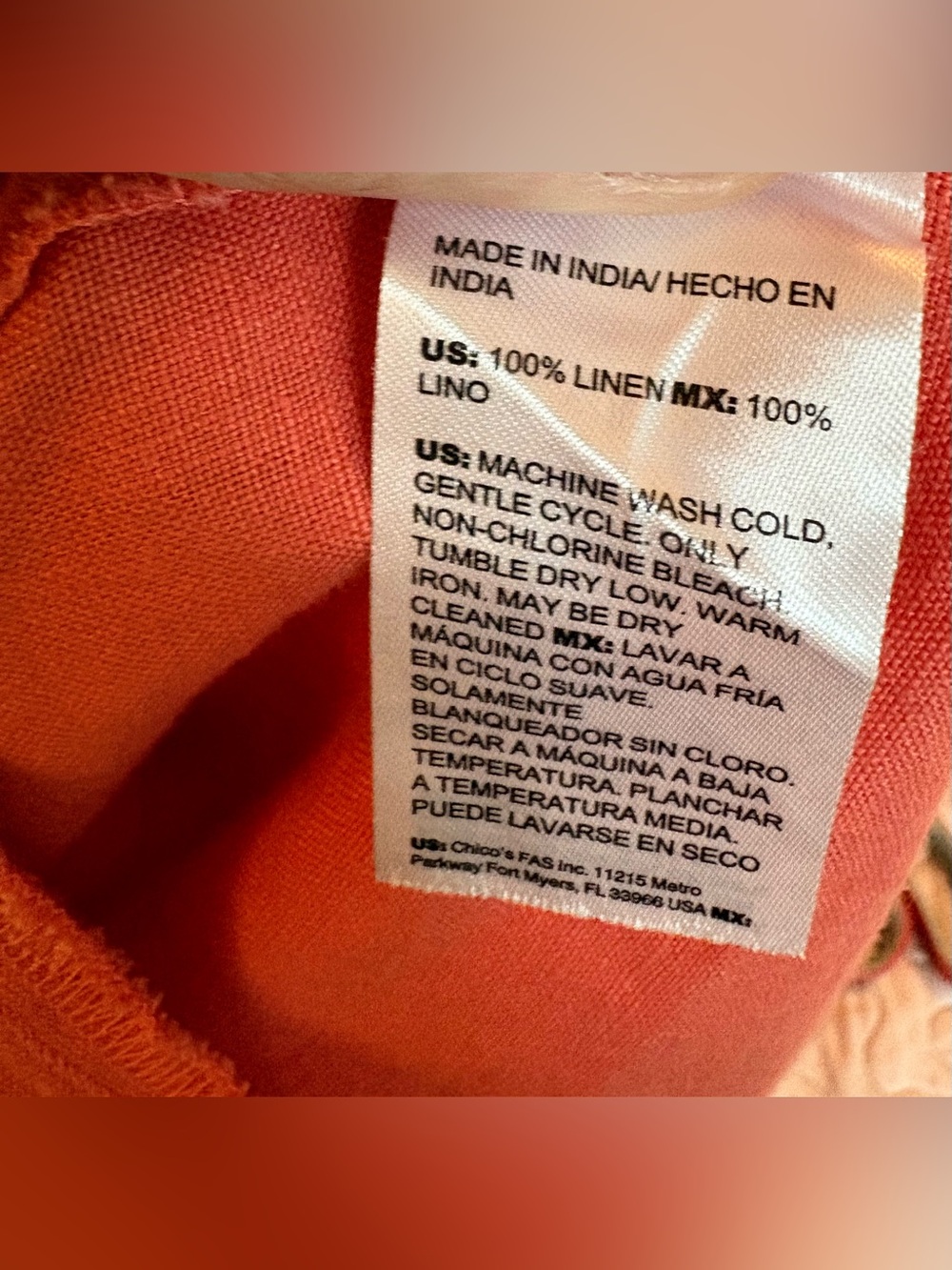 Chicos 100% Linen Coral Orange Ruffle Sleeve Pullover Dress Size 3.5 US 18 - Picture 6 of 6